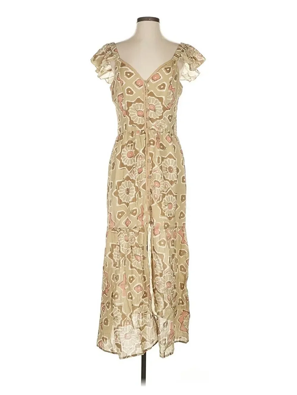 Women’s Dress Let Me Be Anthropologie Small Light Flowy Ruffles Tan Brown Midi